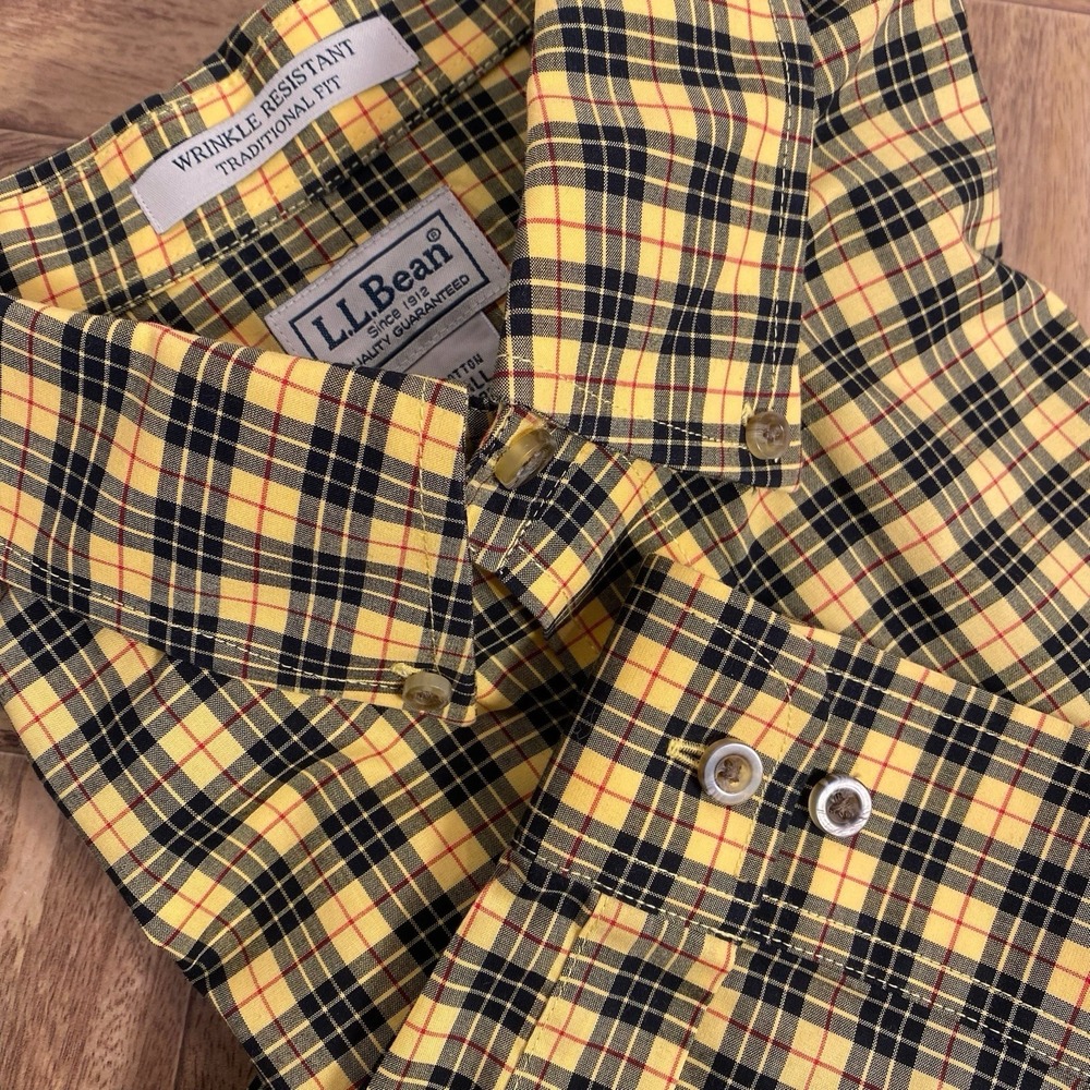 LL Bean Traditional Fit Wrinkle Resistant Men's XLT Button Down Yellow Plaid